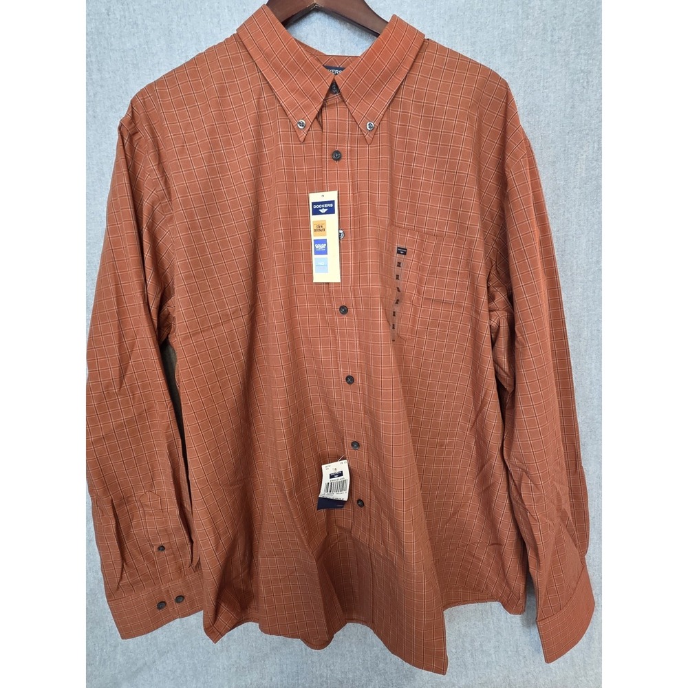 Vintage Dockers Shirt Men's 2XL Stain Defender Teflon‎ Rust Plaid NEW Old Stock